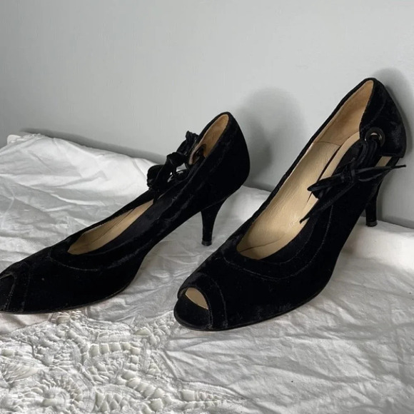 LINDSAY PERRY Velvet Leather Peep Toe Pumps Black Tied Side Size 40 - Picture 4 of 9